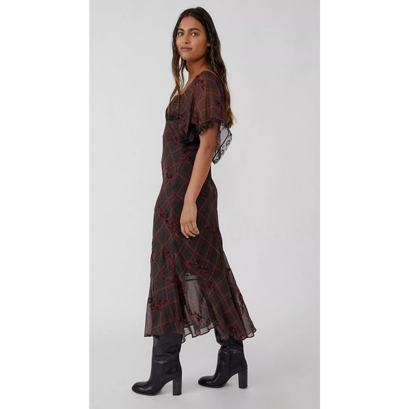 NEW FREE PEOPLE PLAID FALLEN FLOWERS MIDI DRESS SIZE 0 - Picture 5 of 14